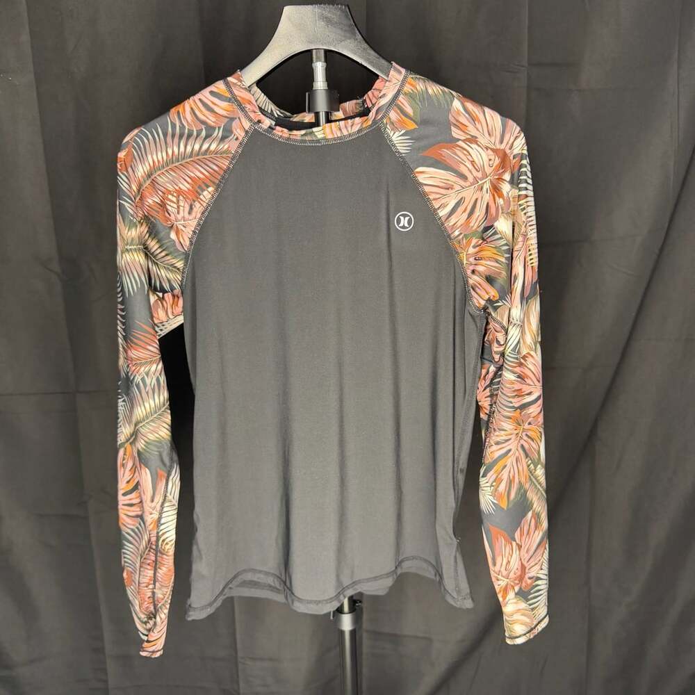 Hurley Long Sleeve Rash Guard Size L Black Floral Palm UPF 50+